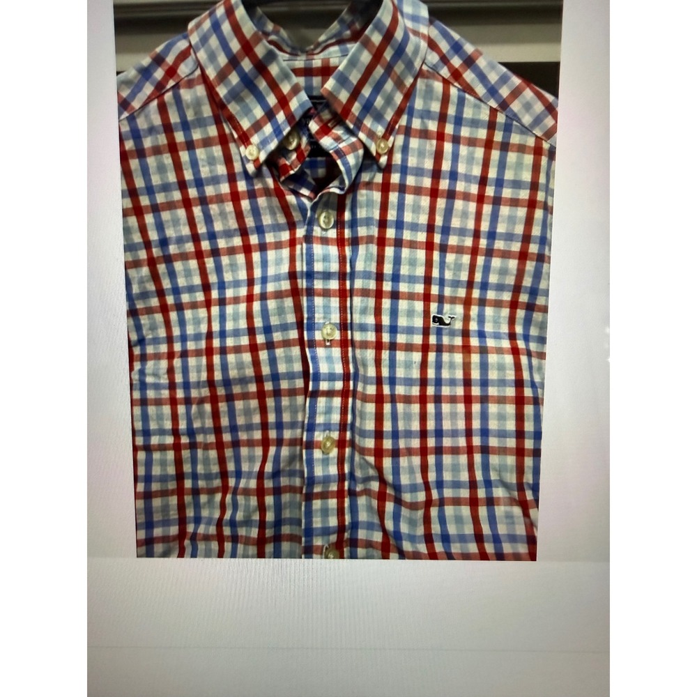 Vineyard Vines Slim Fit Whale Shirt Mens Small Red Blue Plaid Button Down Cotton